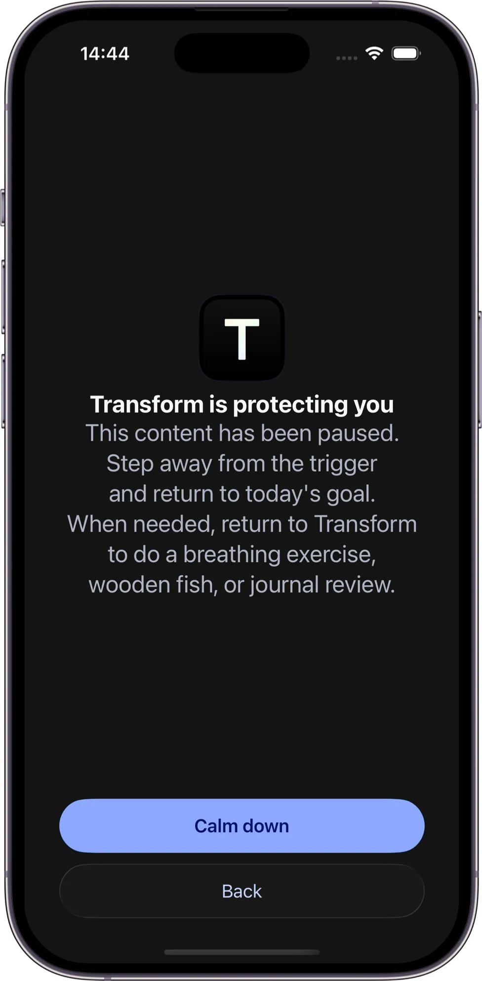 Transform content blocking and urge pause mobile screen